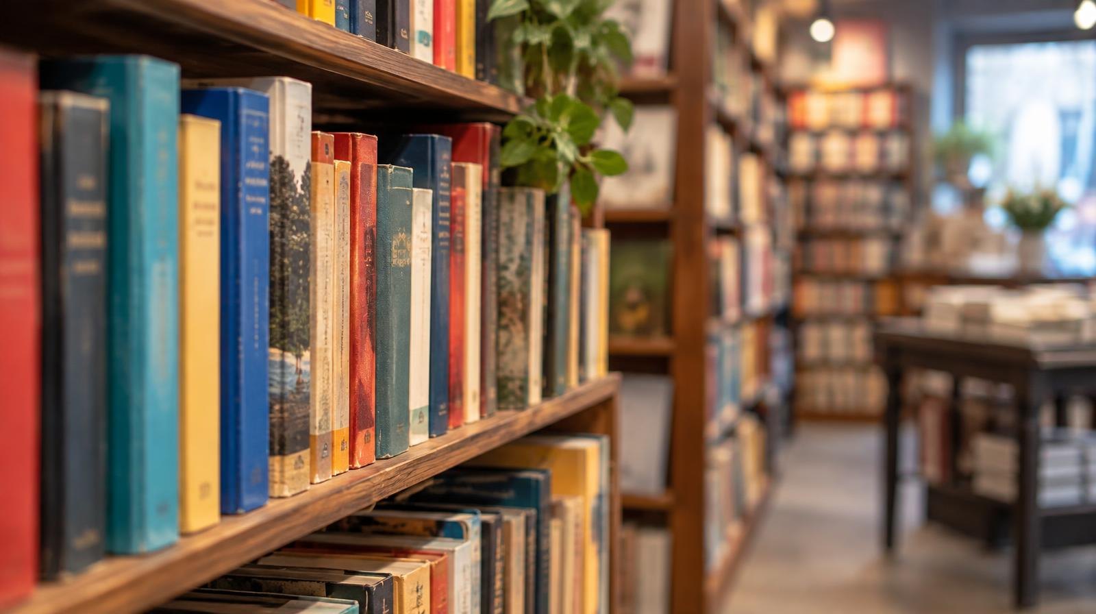 Rows of colorful hardcover and paperback books on wooden shelves in a bookstore.