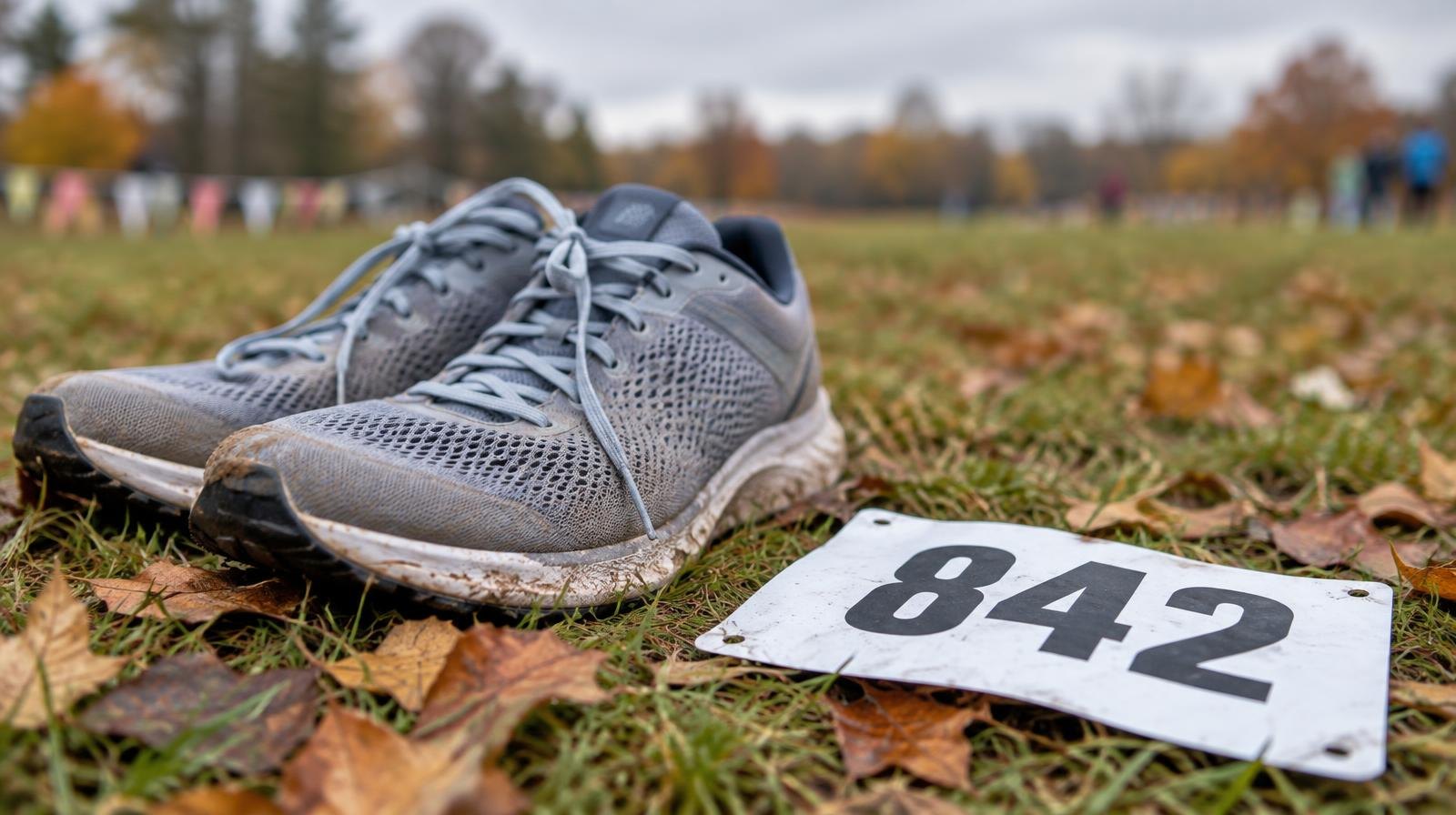 Lightweight running shoes and a race bib rest on a grassy field with fallen autumn leaves.