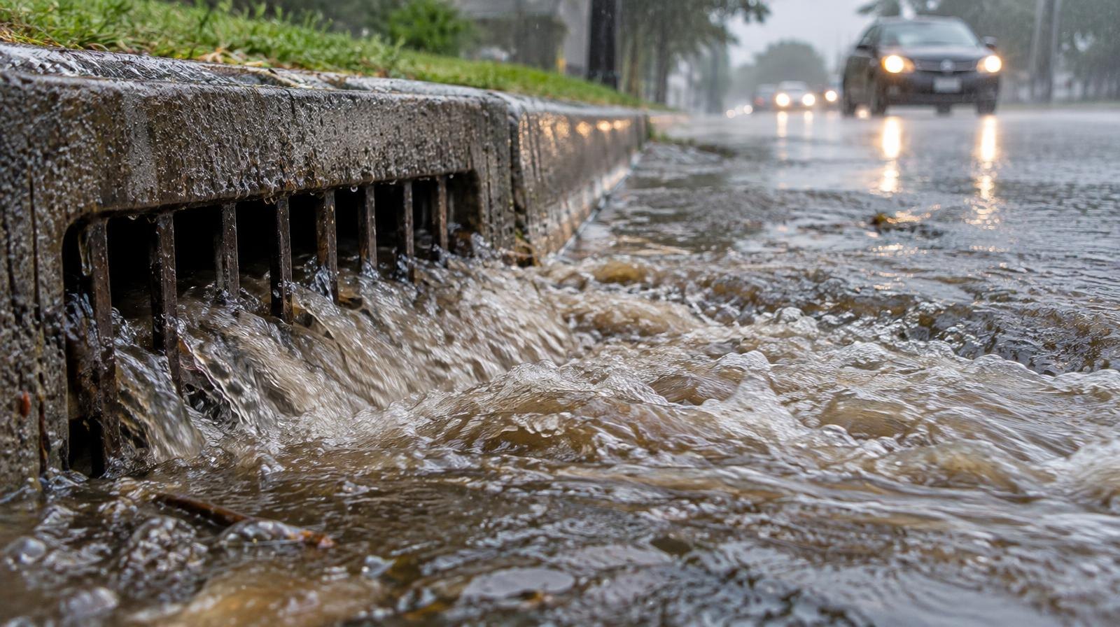 Brown floodwater overflowing a drainage channel onto a rain-soaked street.