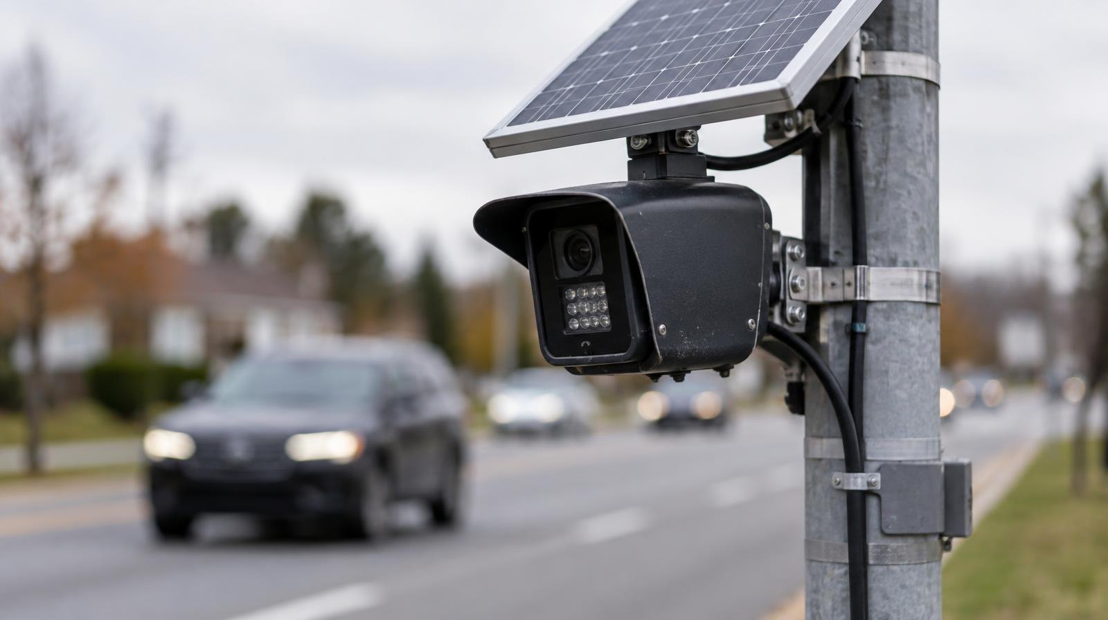 A solar-powered license plate reader camera on a metal pole beside a road.