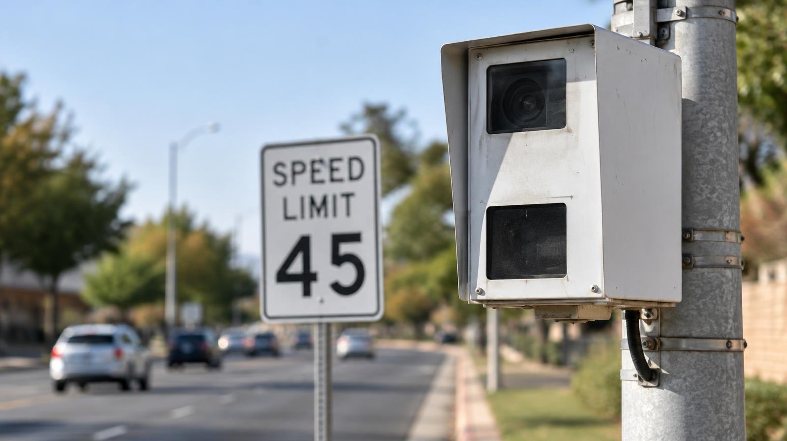 Automated speed camera on a pole beside a multi-lane urban street with a speed limit sign.