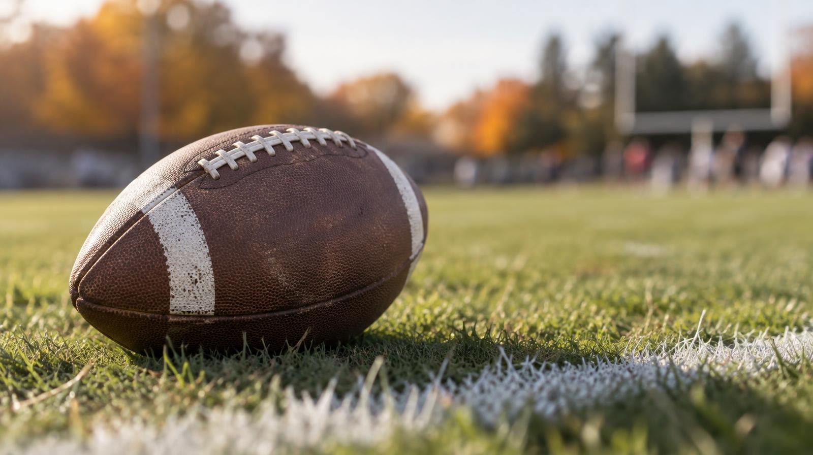 An American football resting on green grass beside a white painted yard line.