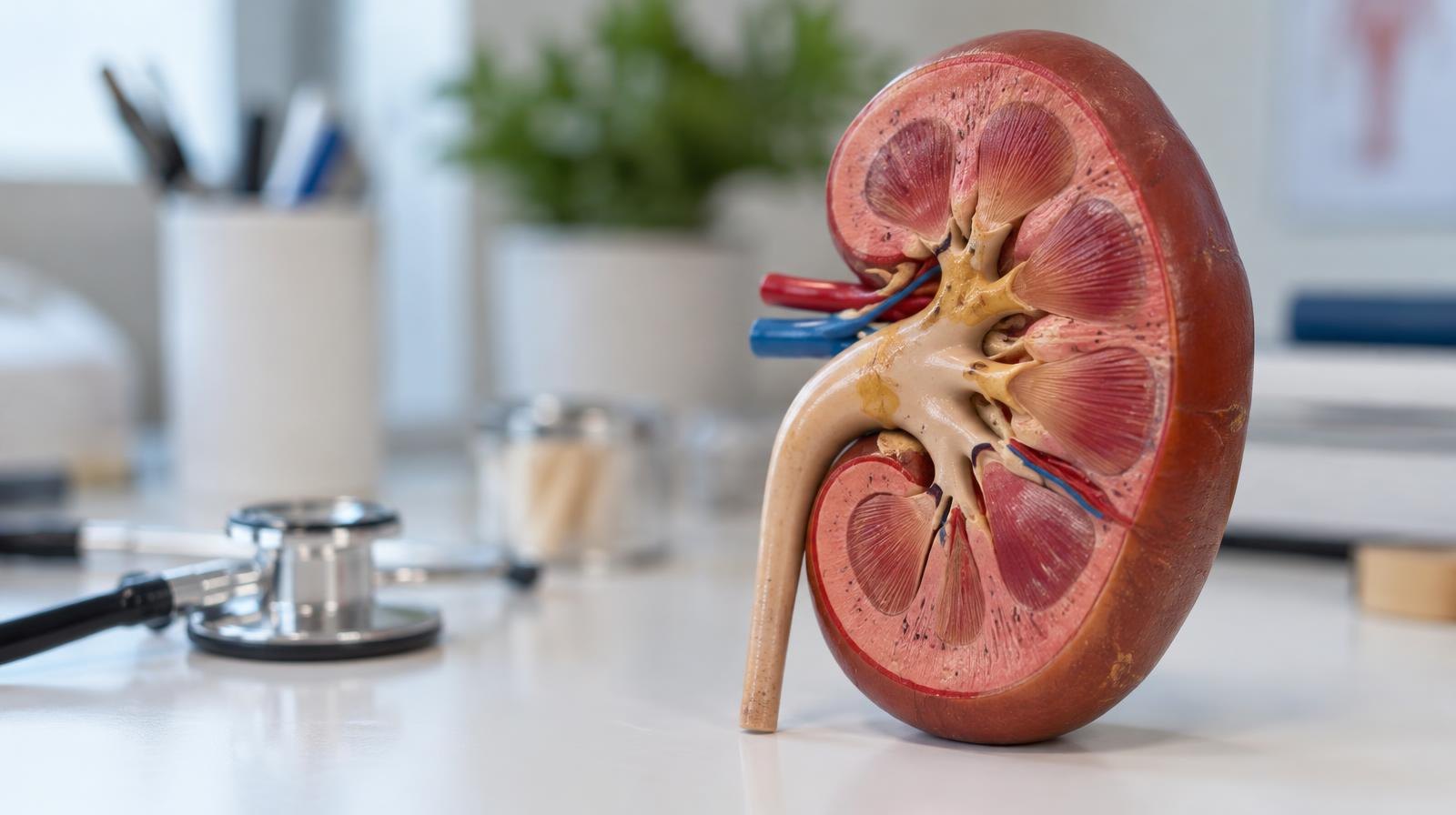 An anatomical kidney model resting on a plain white surface.