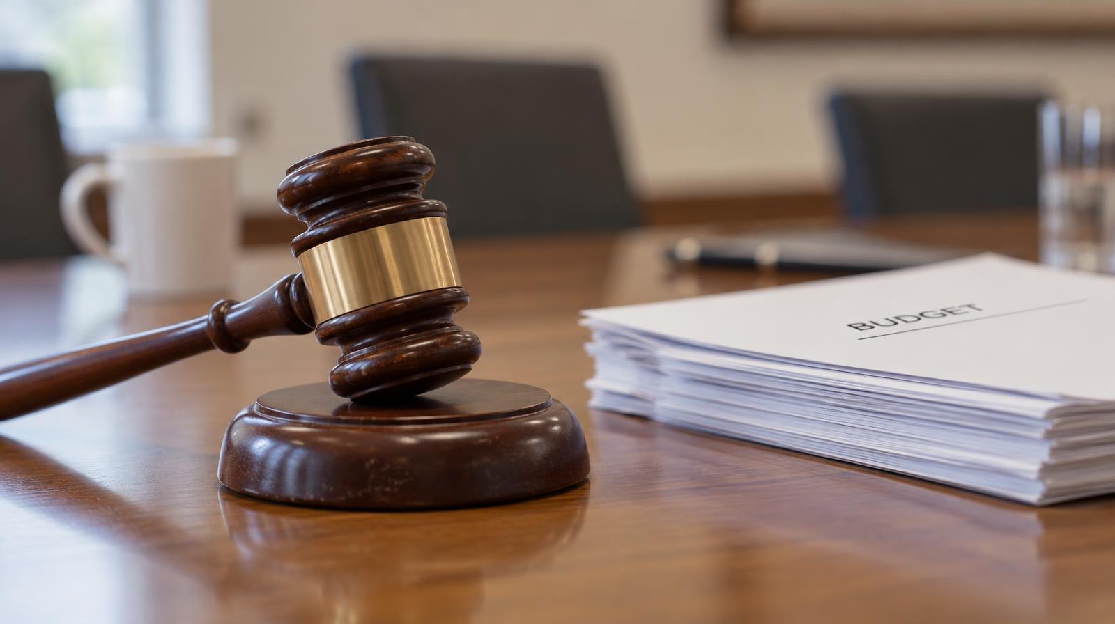 A wooden gavel resting on its sound block on a conference table.