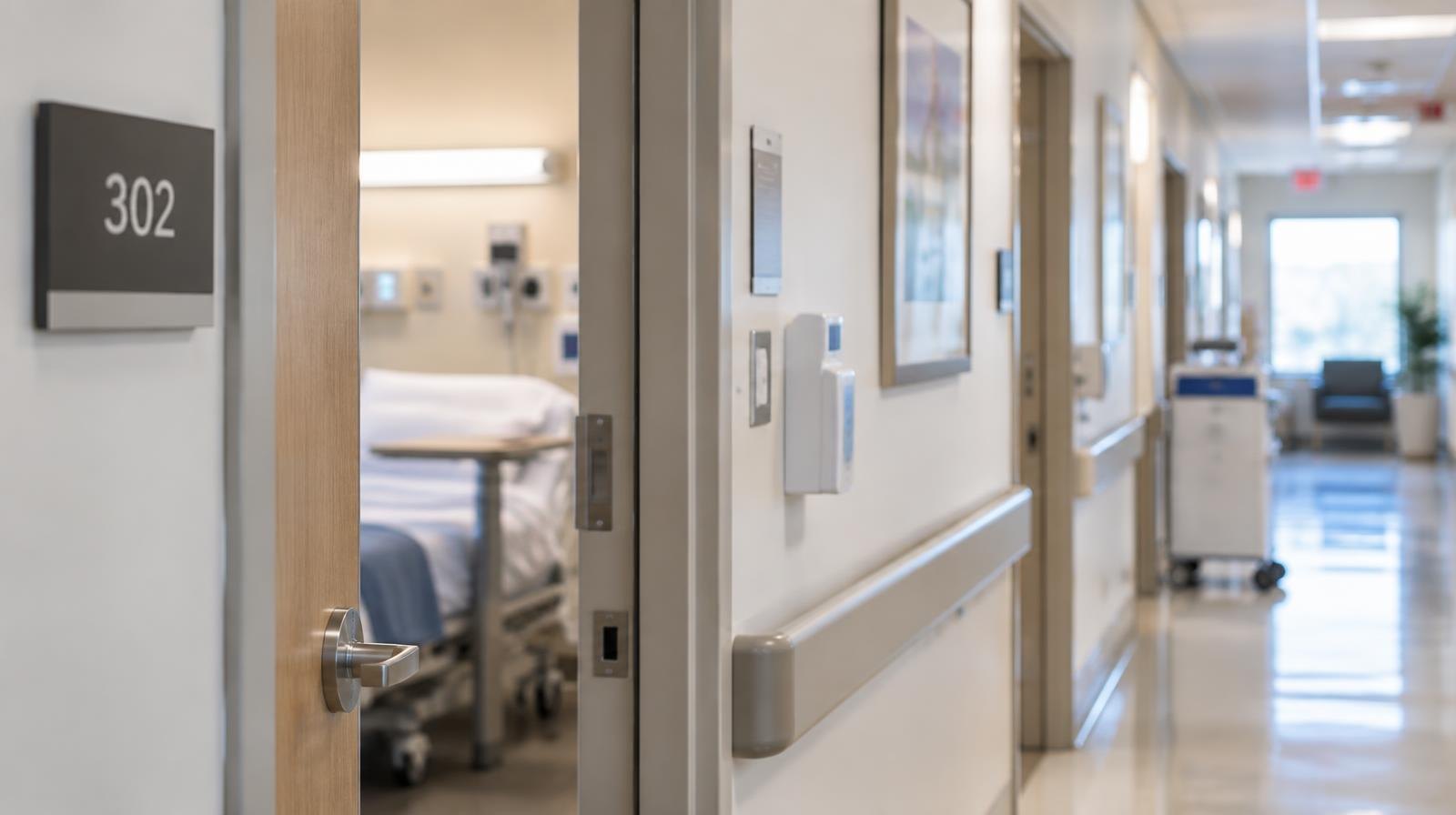A bright modern hospital corridor with private patient room doorways and white walls.