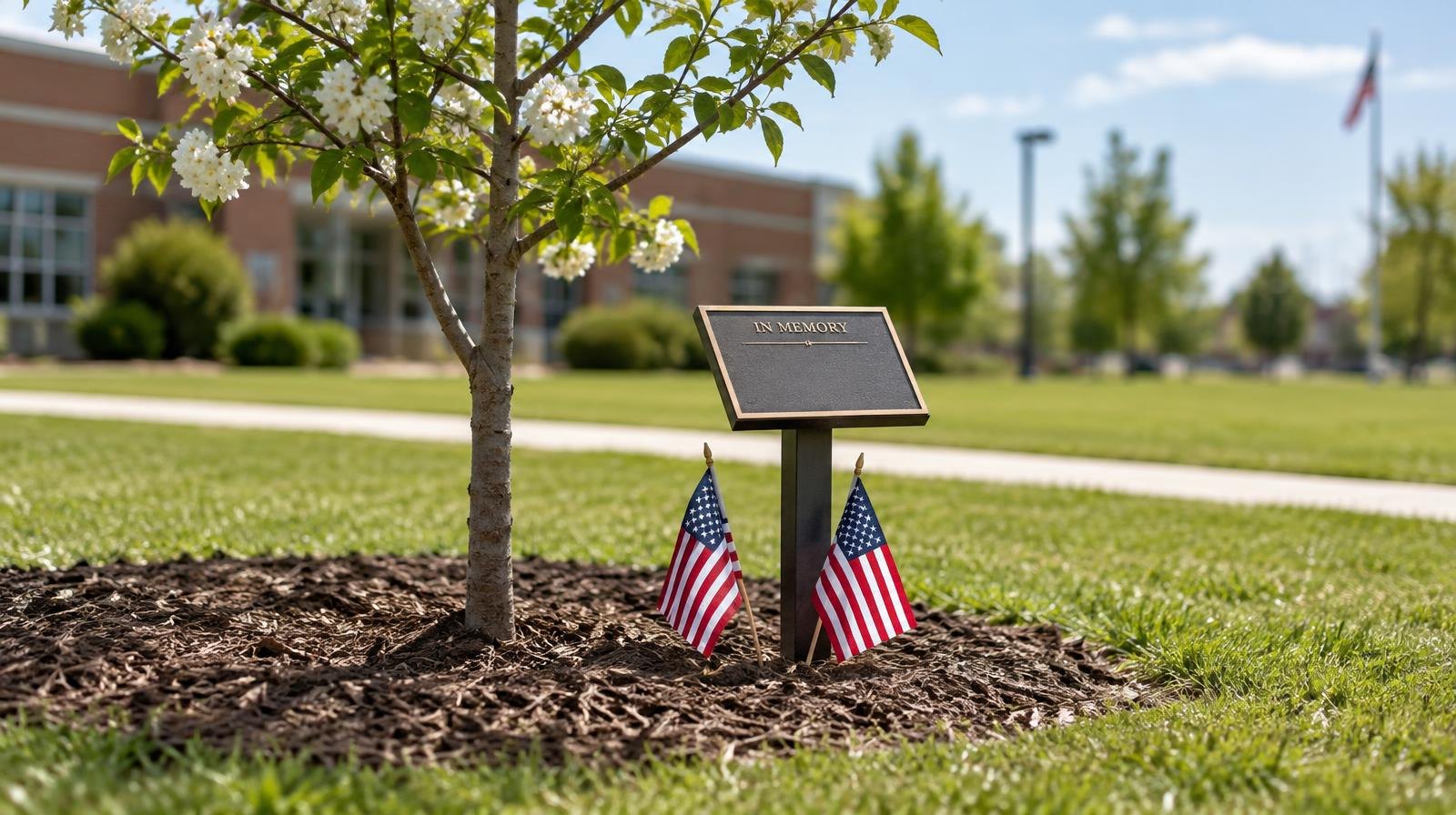 Young cherry tree in a mulched circle on a lawn with a plaque post and two small flags.