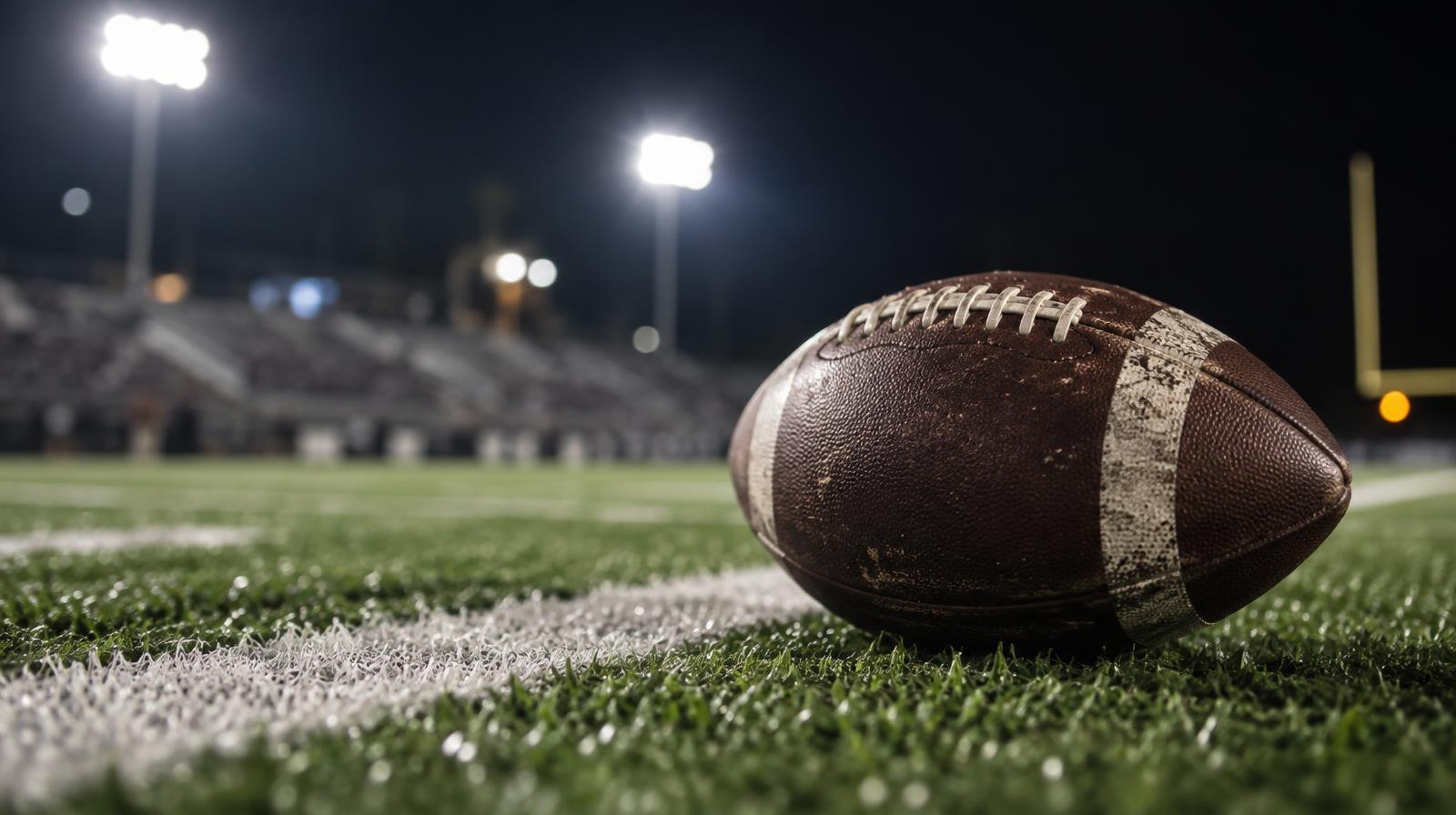 An American football on green turf beside a white yard line under bright stadium lights.