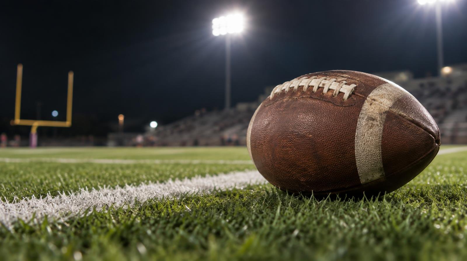 An American football on green grass beside a white yard line under bright stadium lights.