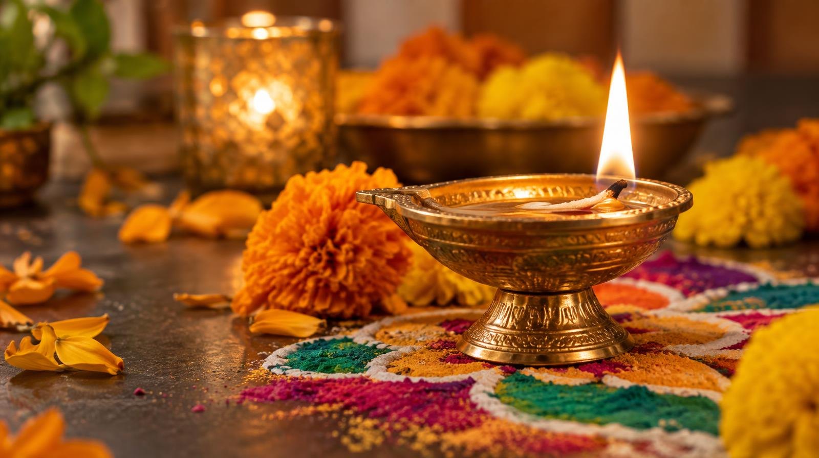 A lit brass oil lamp surrounded by marigold petals and colorful powder art.