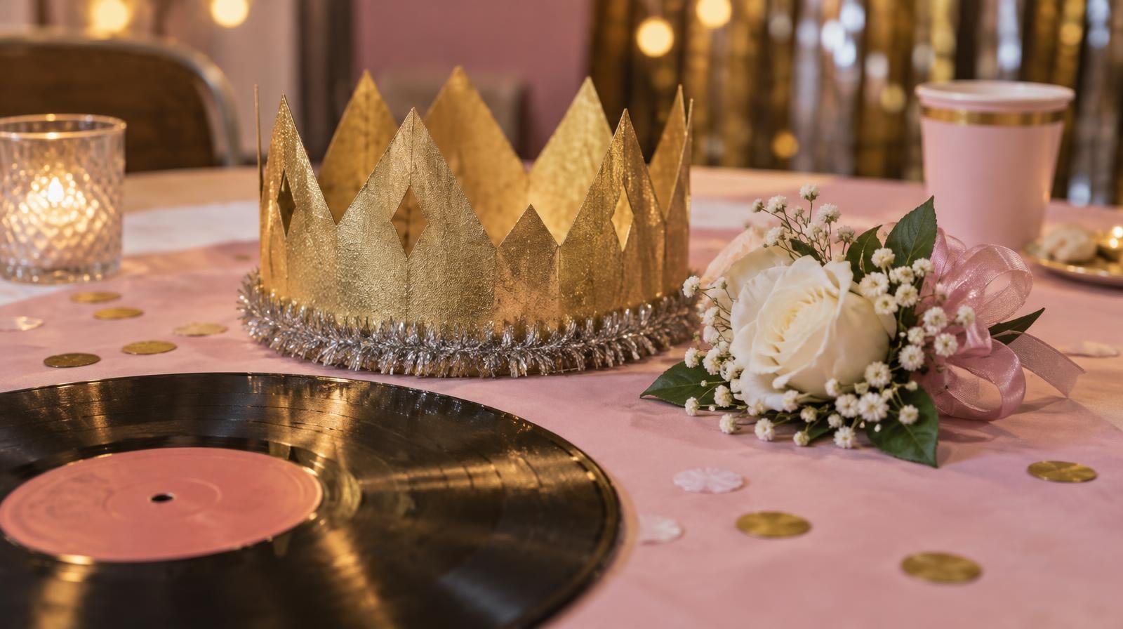 A paper crown, corsage, and vinyl record arranged on a pastel table.