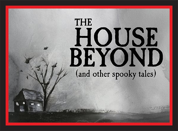 Dark atmospheric graphic showing a haunted house and bare tree silhouette with a red border.
