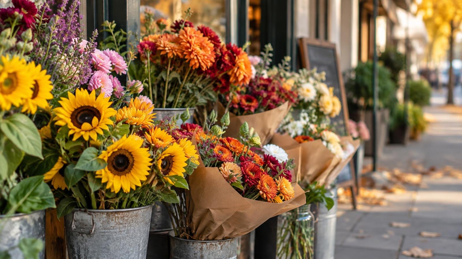 Colorful flower bouquets in buckets outside a florist's shop window.