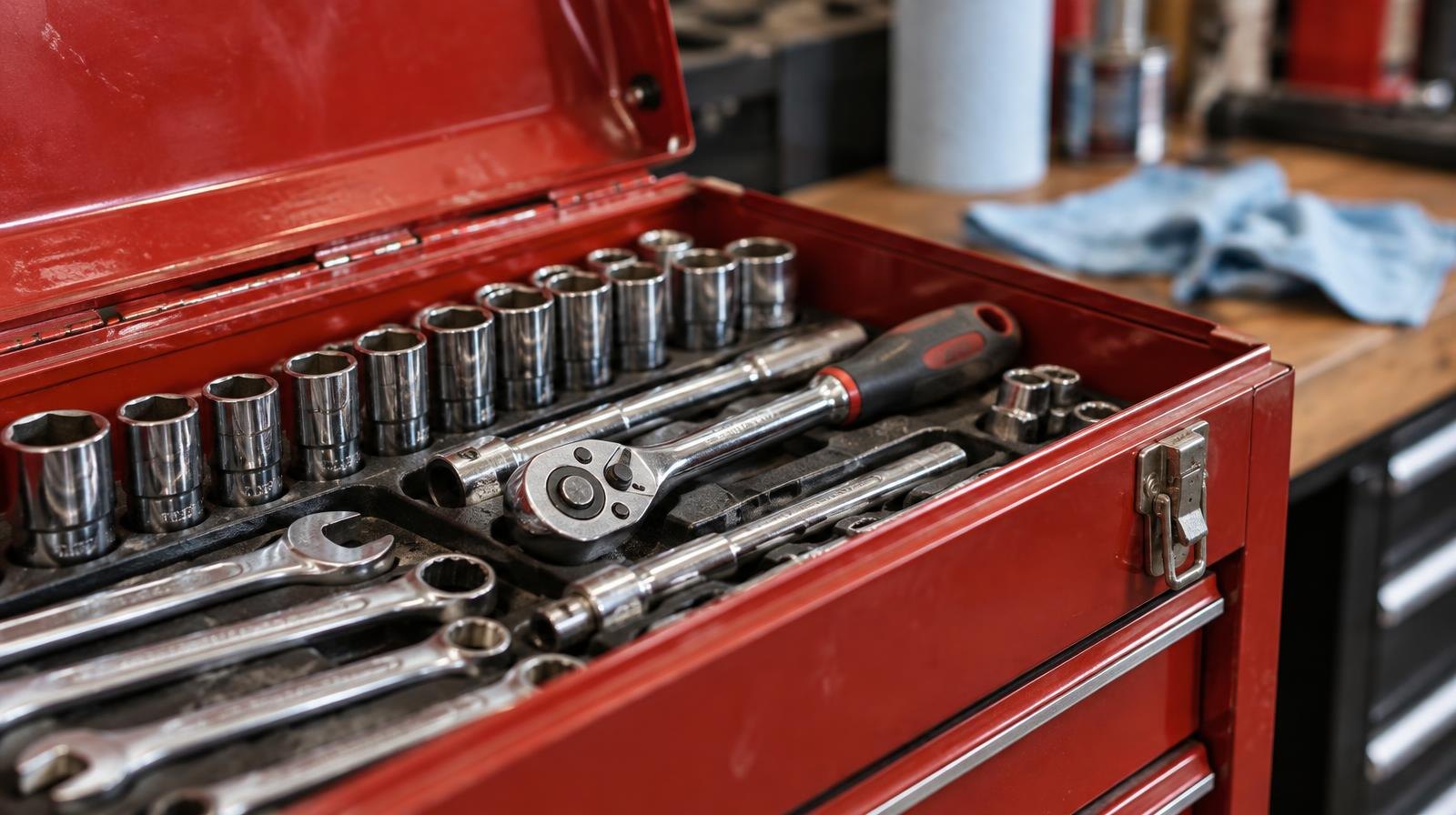 Wrenches, ratchets, and sockets arranged in an open red metal toolbox.