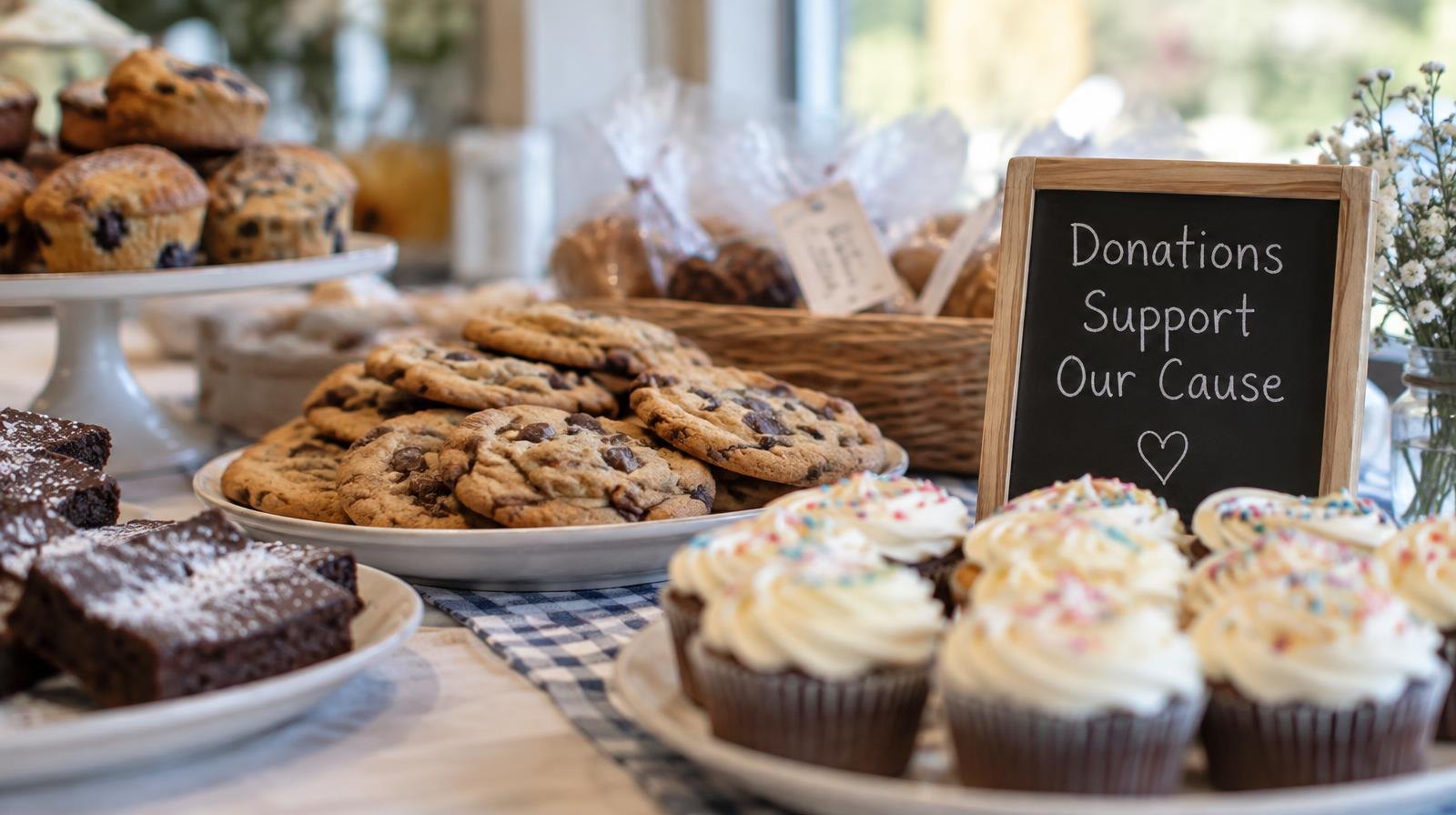 Assorted homemade cookies and desserts displayed on a table at a bake sale.