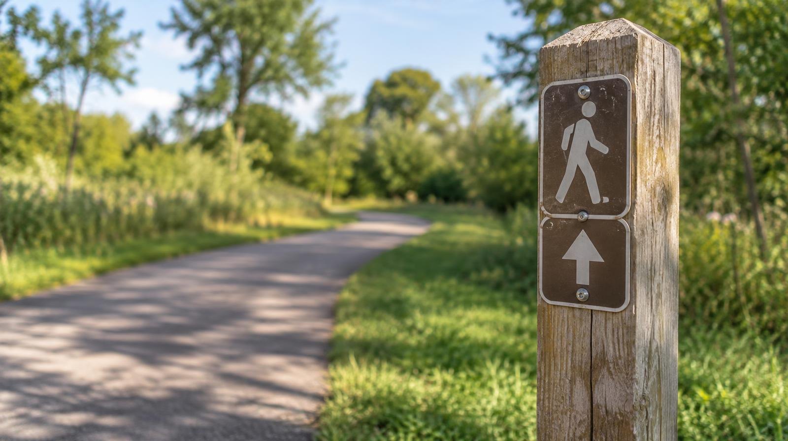A paved recreational trail curves through a green park with trees and a wooden trail marker.