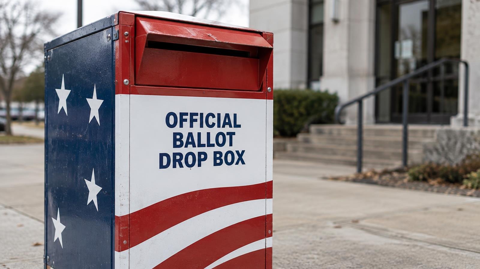A red, white, and blue ballot drop box on a sidewalk outside a building.