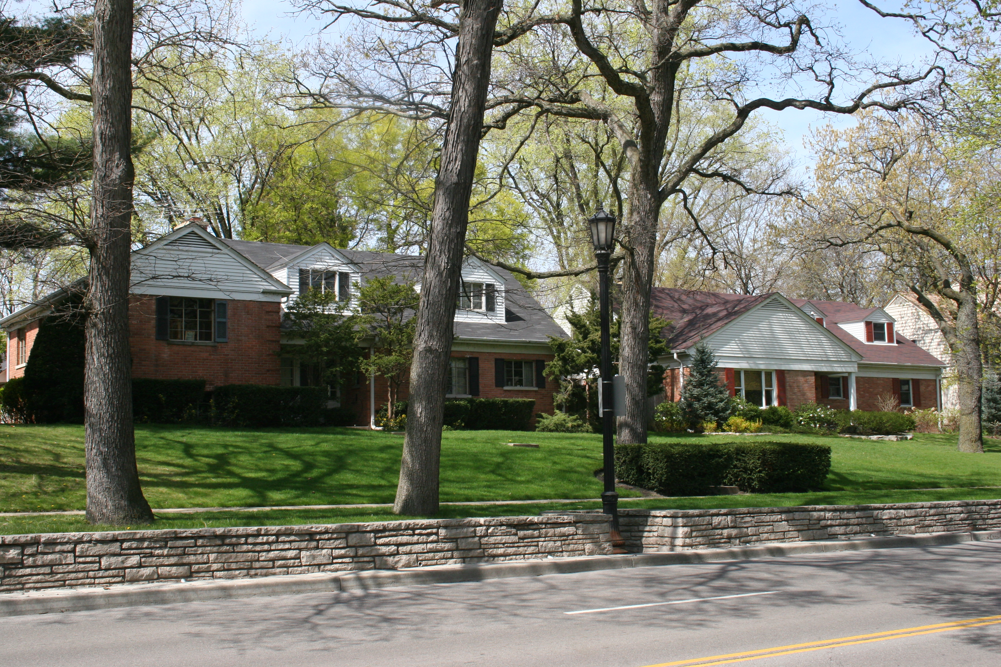Two brick homes set back from a two-lane road lined with mature trees.
