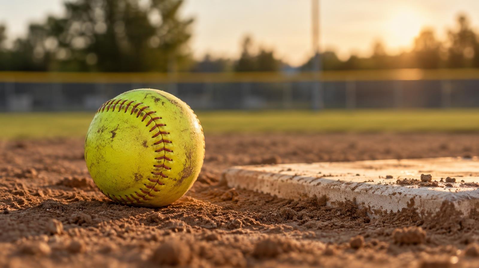Yellow softball resting on a dirt pitcher's mound beside a white rubber plate.