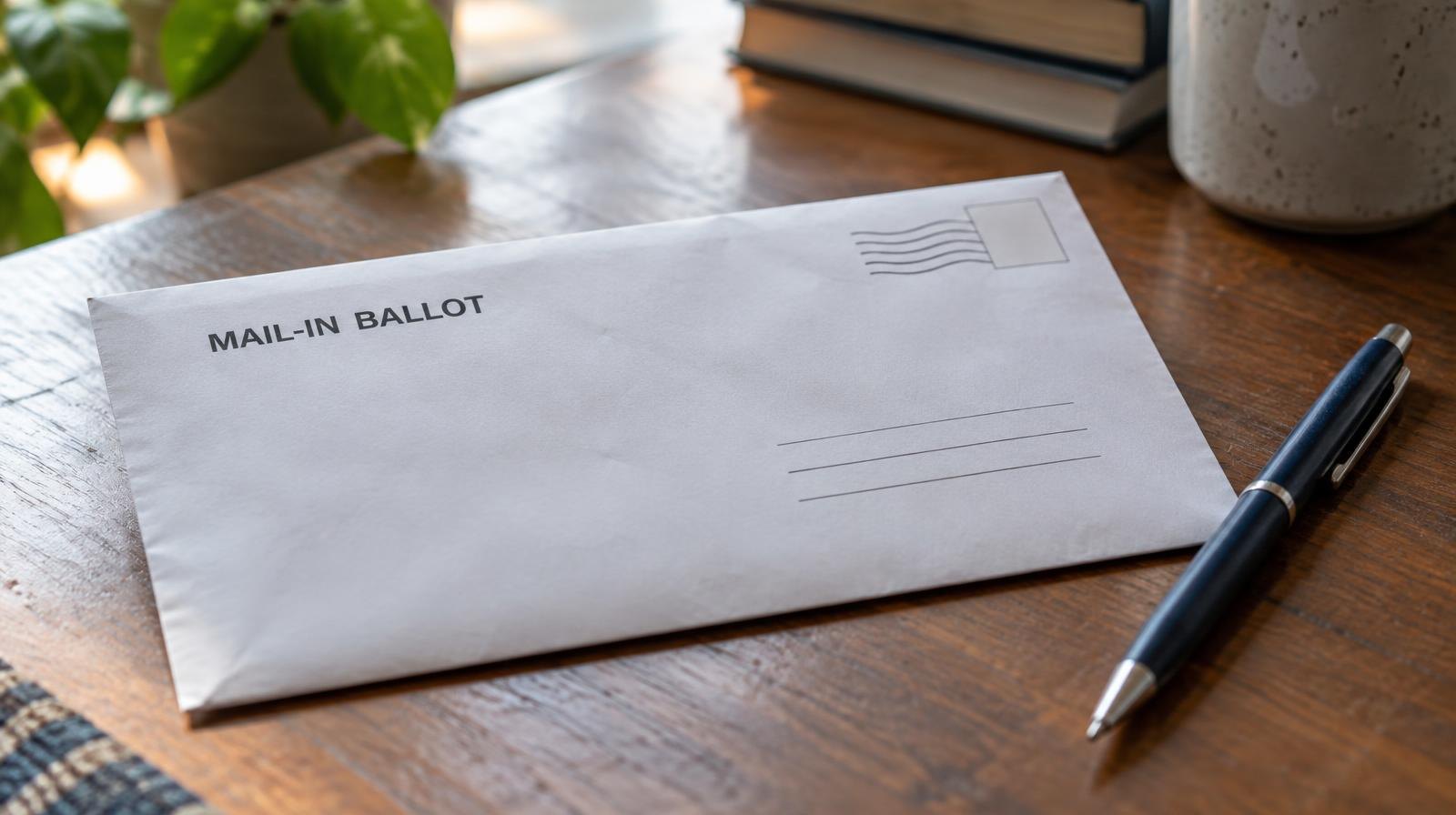 A sealed white envelope resting on a wooden surface next to a pen.