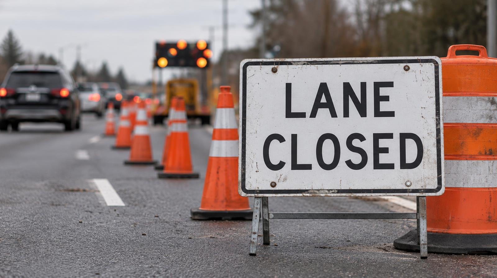 Orange construction barrels and lane closed sign on a suburban road with traffic cones.
