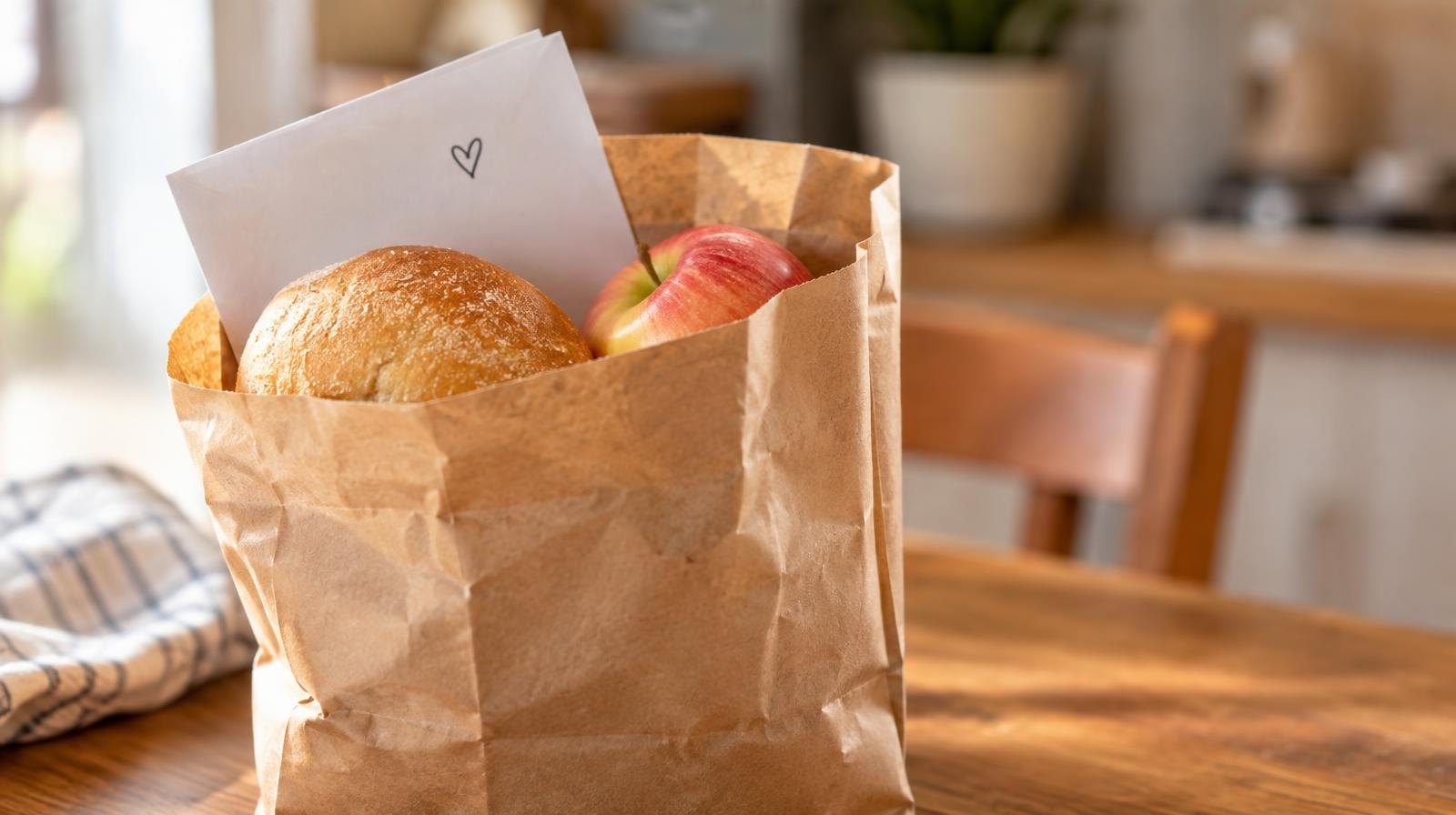 A handwritten note rests inside a small paper bag with a bread roll and fruit.