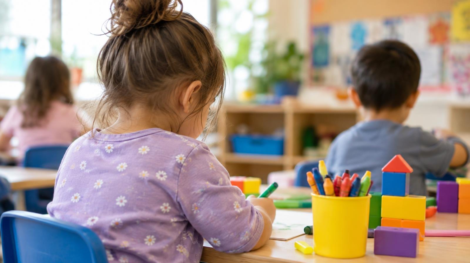 Young children seated at low tables in a bright, colorful preschool classroom with art supplies.