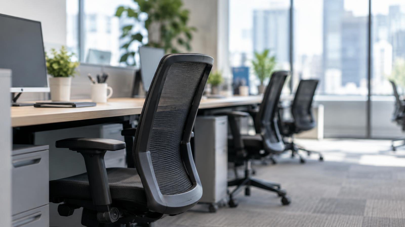 Rows of empty office chairs and vacant desks in a sunlit open-plan office.