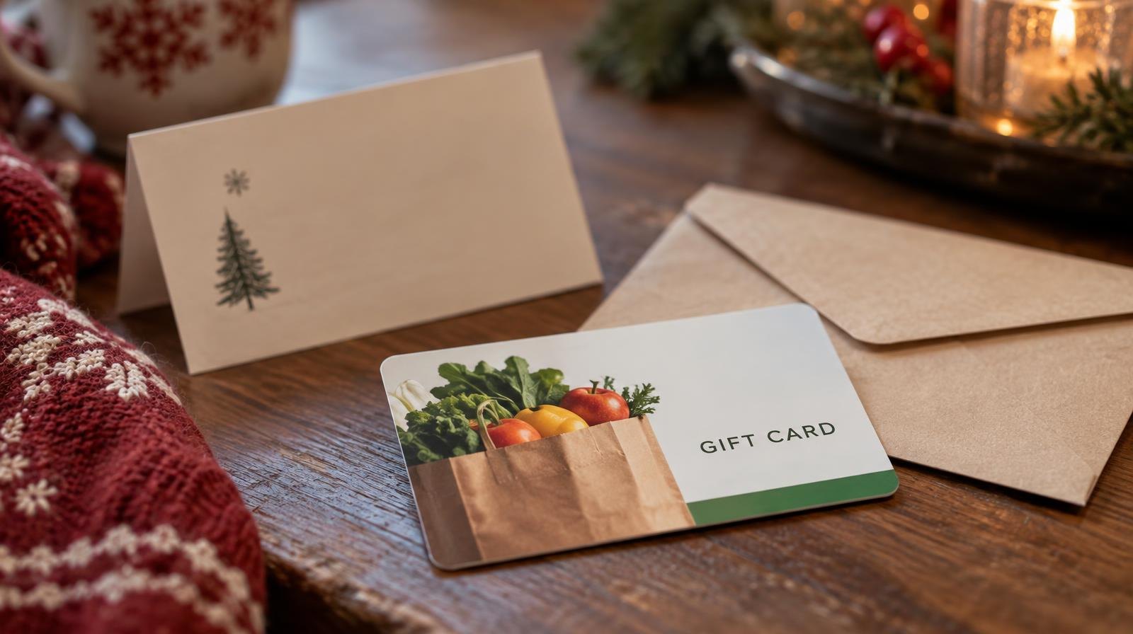 A gift card and folded note resting on a wooden table in warm light.