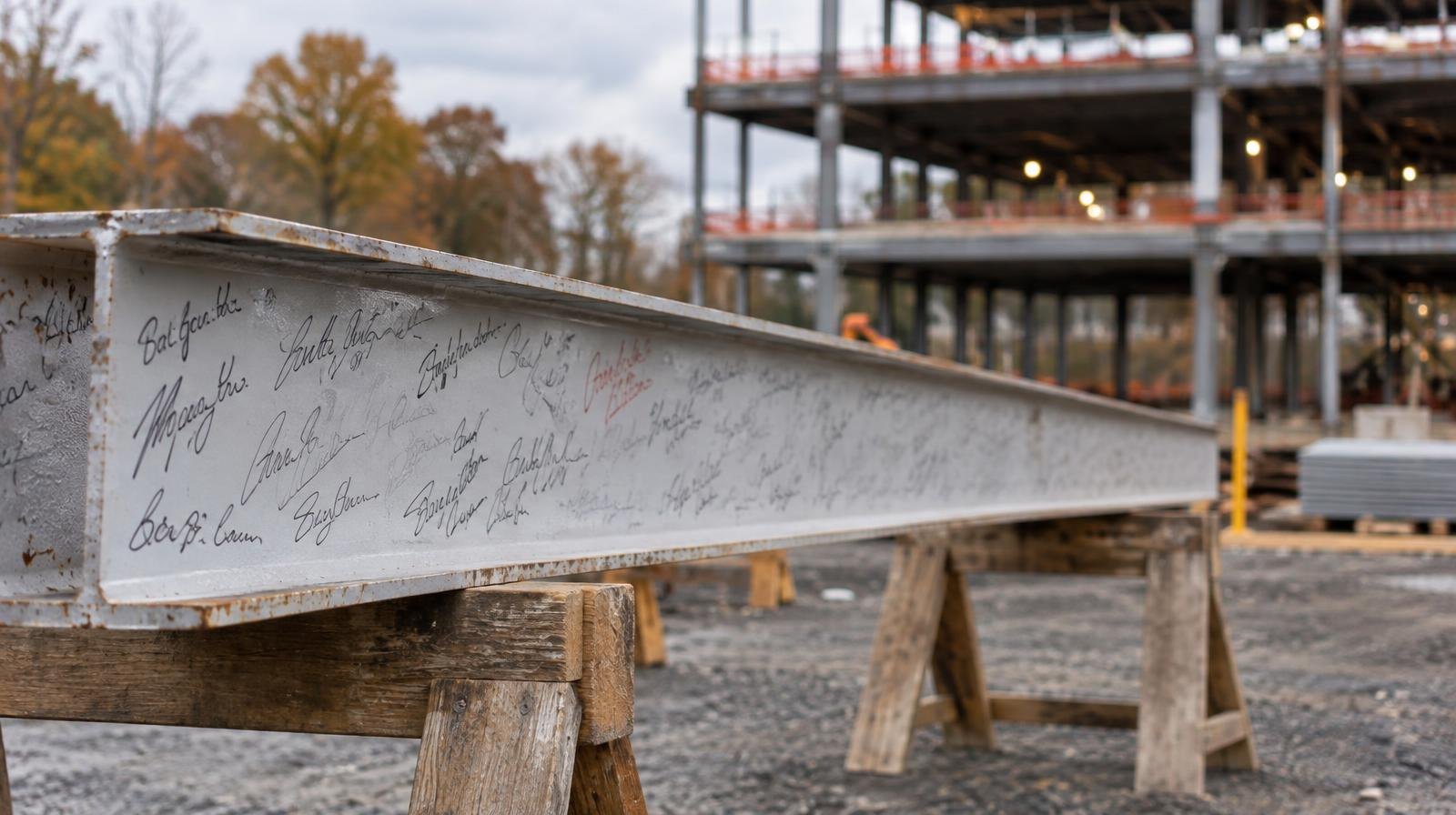 A steel beam covered in handwritten signatures rests on sawhorses at a construction site.
