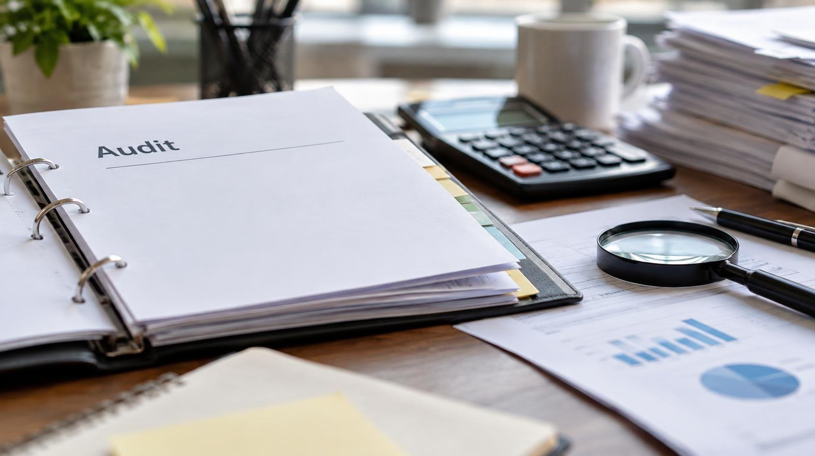 Open audit folder on a desk beside a calculator, stacked documents, and a magnifying glass.