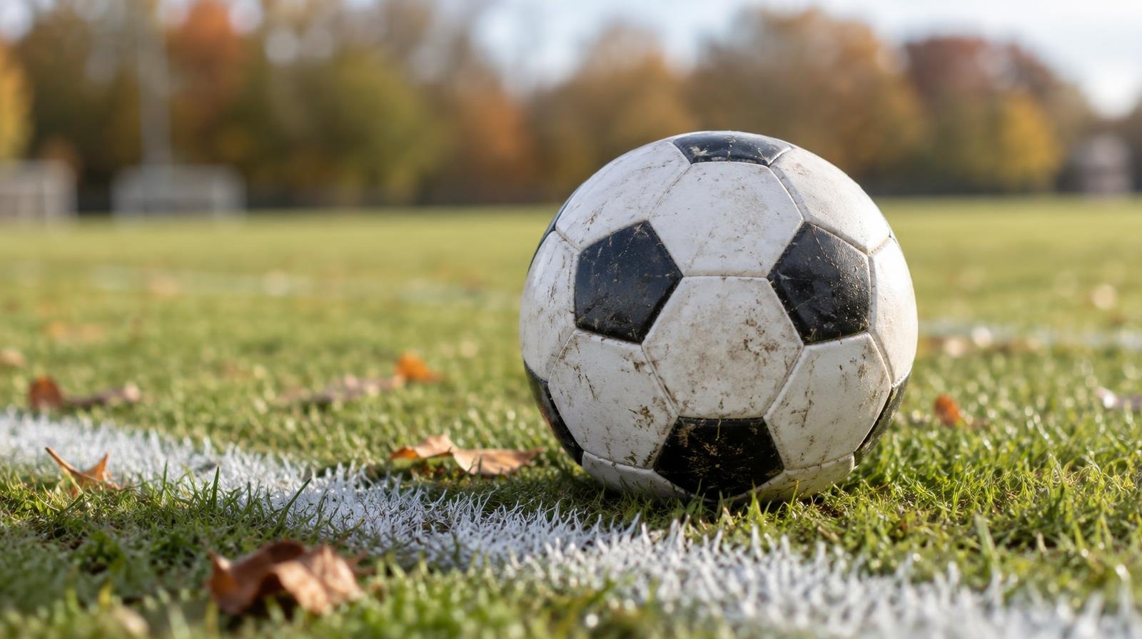 A white soccer ball resting on a green grass field near a white sideline.