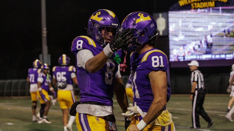 Two football players in purple and gold uniforms touch helmets on a lit stadium field at night.