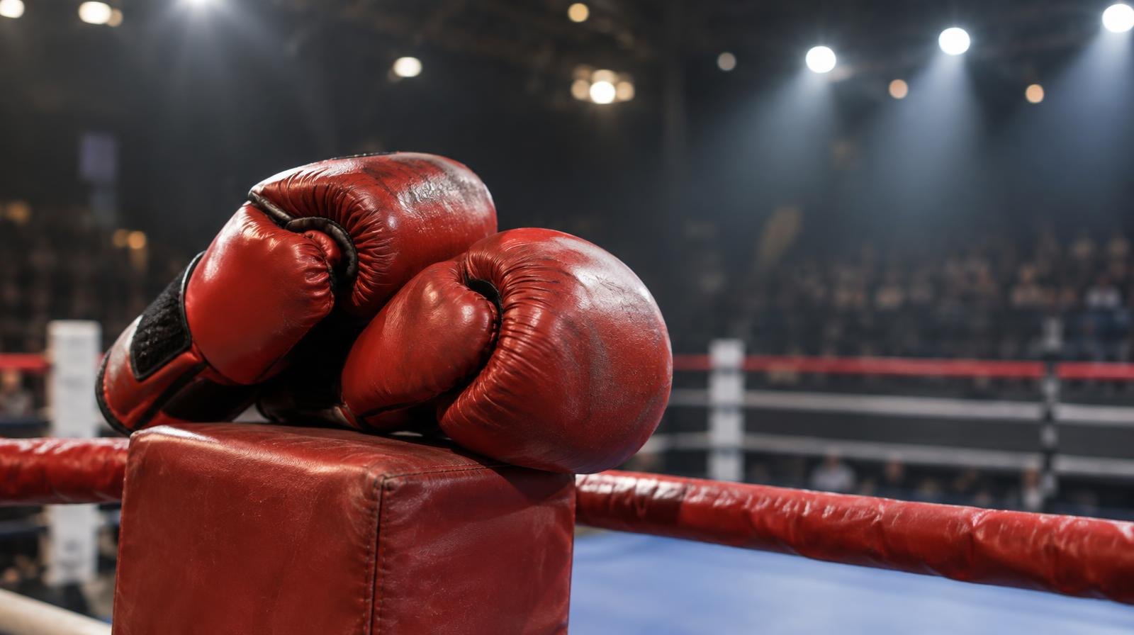 Red leather kickboxing gloves resting on a canvas corner pad in a boxing ring.