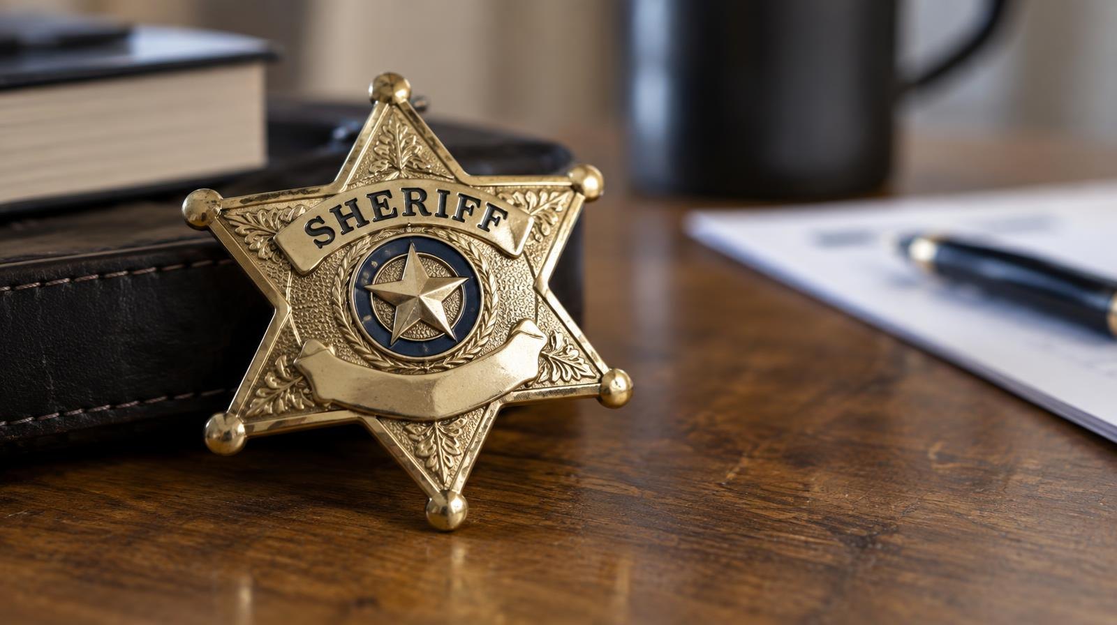 A metal sheriff's badge resting on a wooden desk surface.