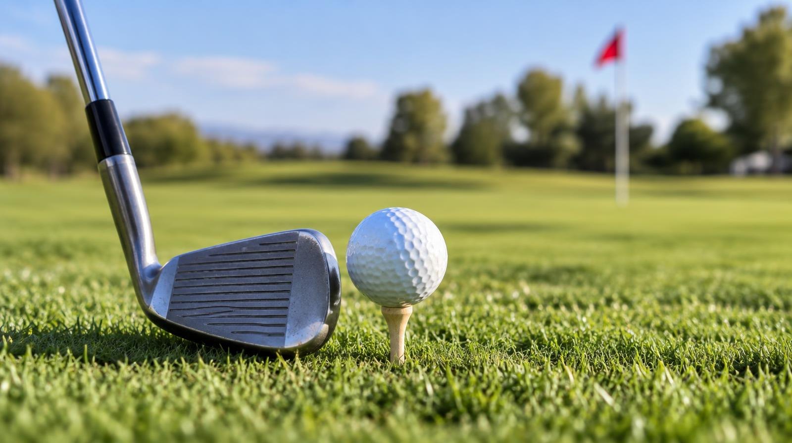 Golf ball on a tee next to an iron club on a green fairway with a distant flag pin.
