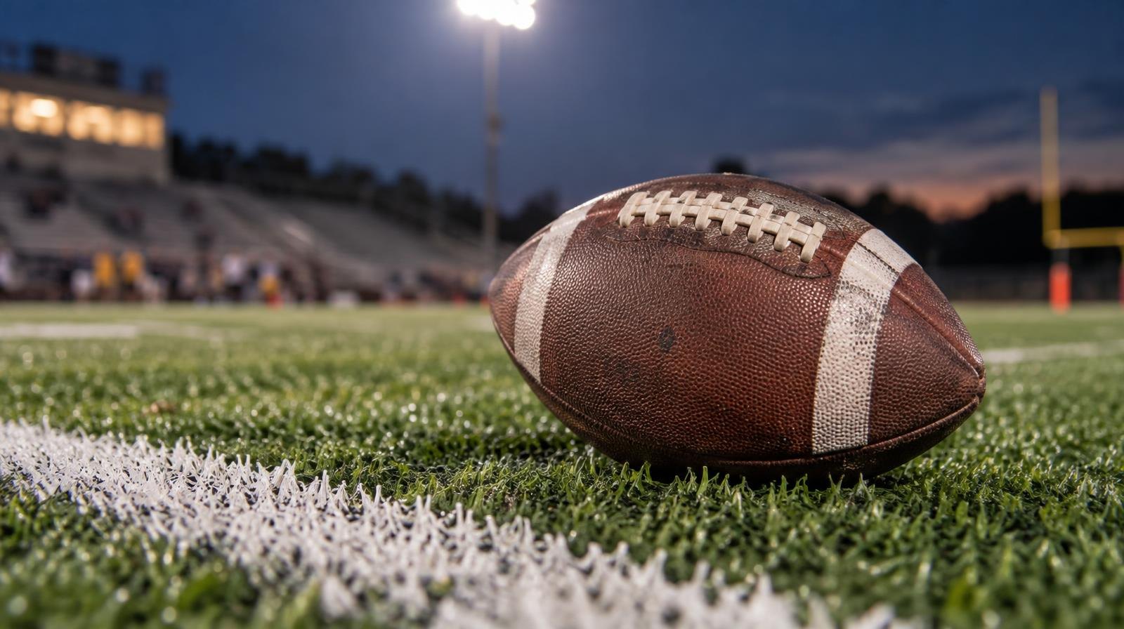 An American football on green turf beside a white yard line under stadium lights.
