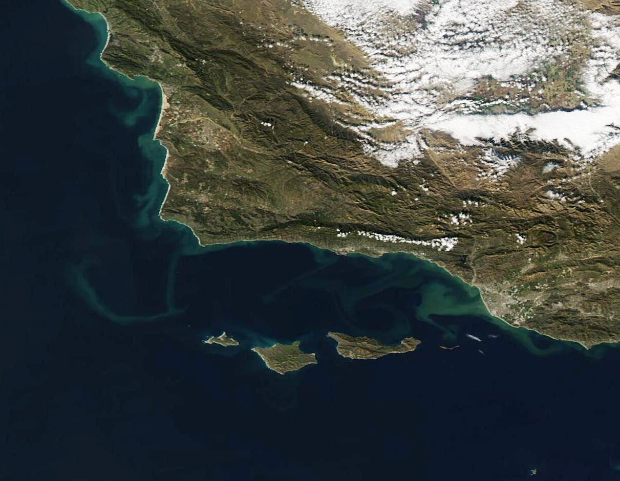 Satellite view of a coastline with brown and green sediment plumes in the ocean.