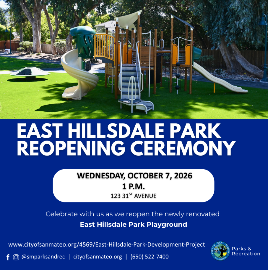New East Hillsdale Park playground with a spiral slide, climbing structure and artificial turf, above a flyer for the Oct. 7, 2026 reopening ceremony at 1 p.m.