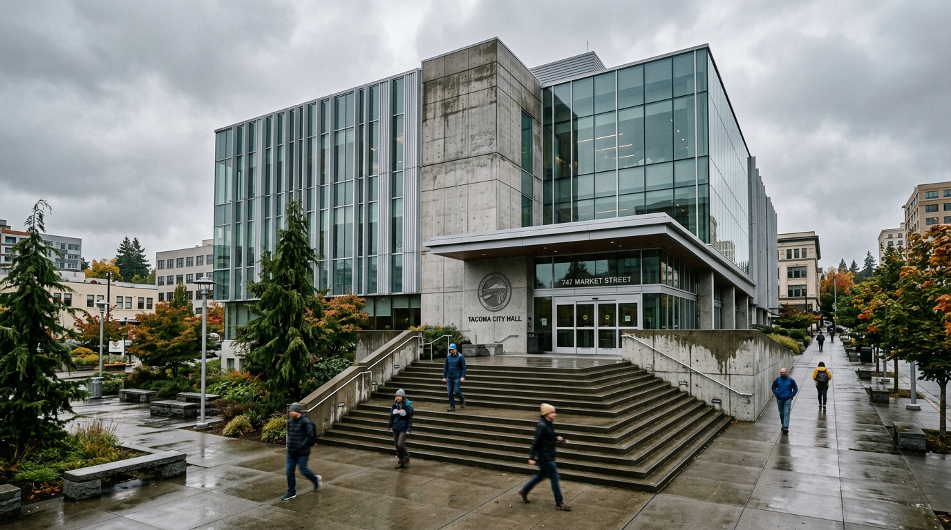 Exterior of a modern city hall building with glass facade and concrete steps on an overcast day.