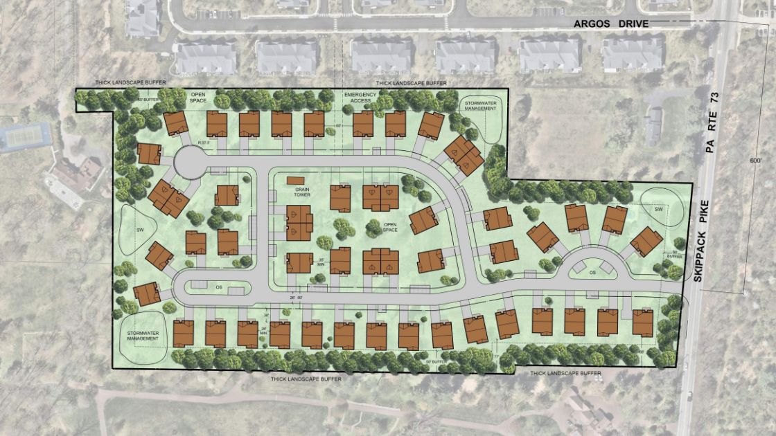 Color site plan rendering showing proposed residential subdivision with curved roads and orange-roofed homes.