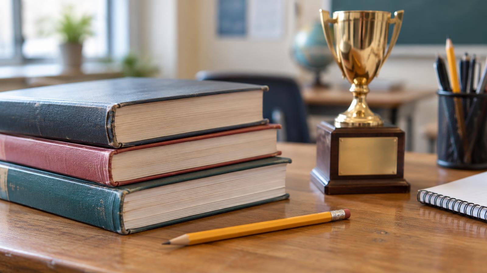 Stack of textbooks and a small award plaque on a wooden desk.