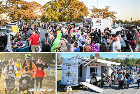 Three-panel collage showing costumed families at a trunk-or-treat, a Halloween fun run, and a touch-a-truck event.
