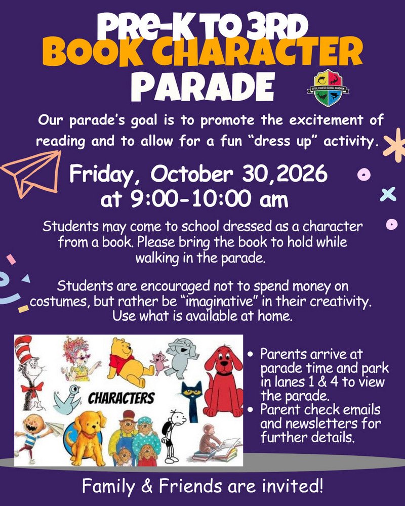 Purple event flyer for a Book Character Parade featuring cartoon book characters.