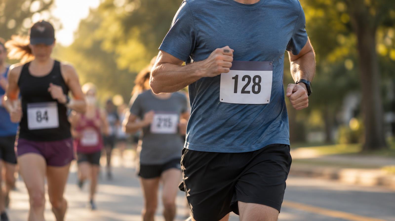 Runners wearing race bibs jogging along a tree-lined road in the early morning.
