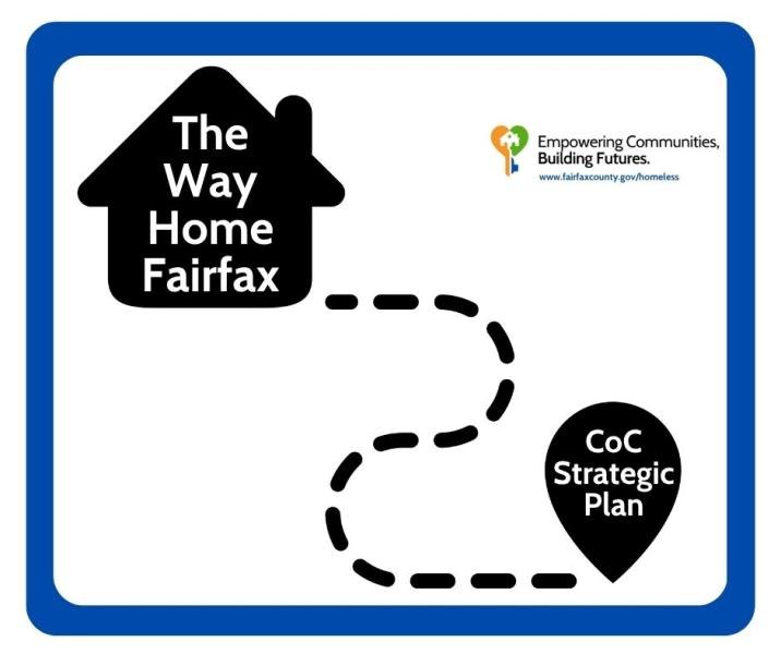 Graphic showing a house icon and location pin labeled The Way Home Fairfax CoC Strategic Plan.