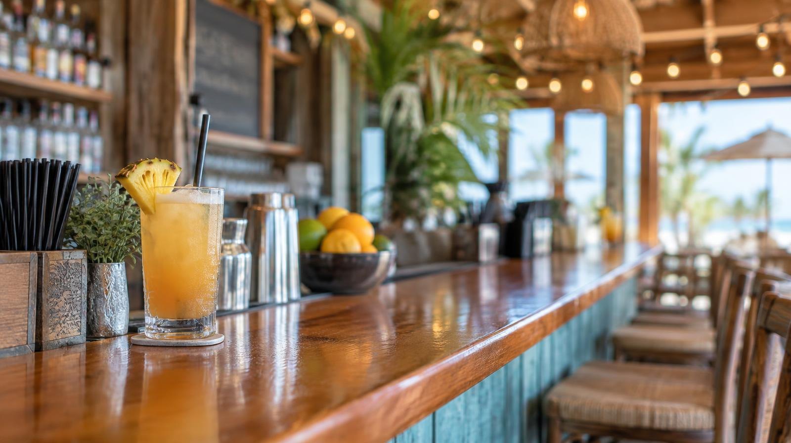 Renovated bar interior with wooden counter, tropical decor, and string lights.