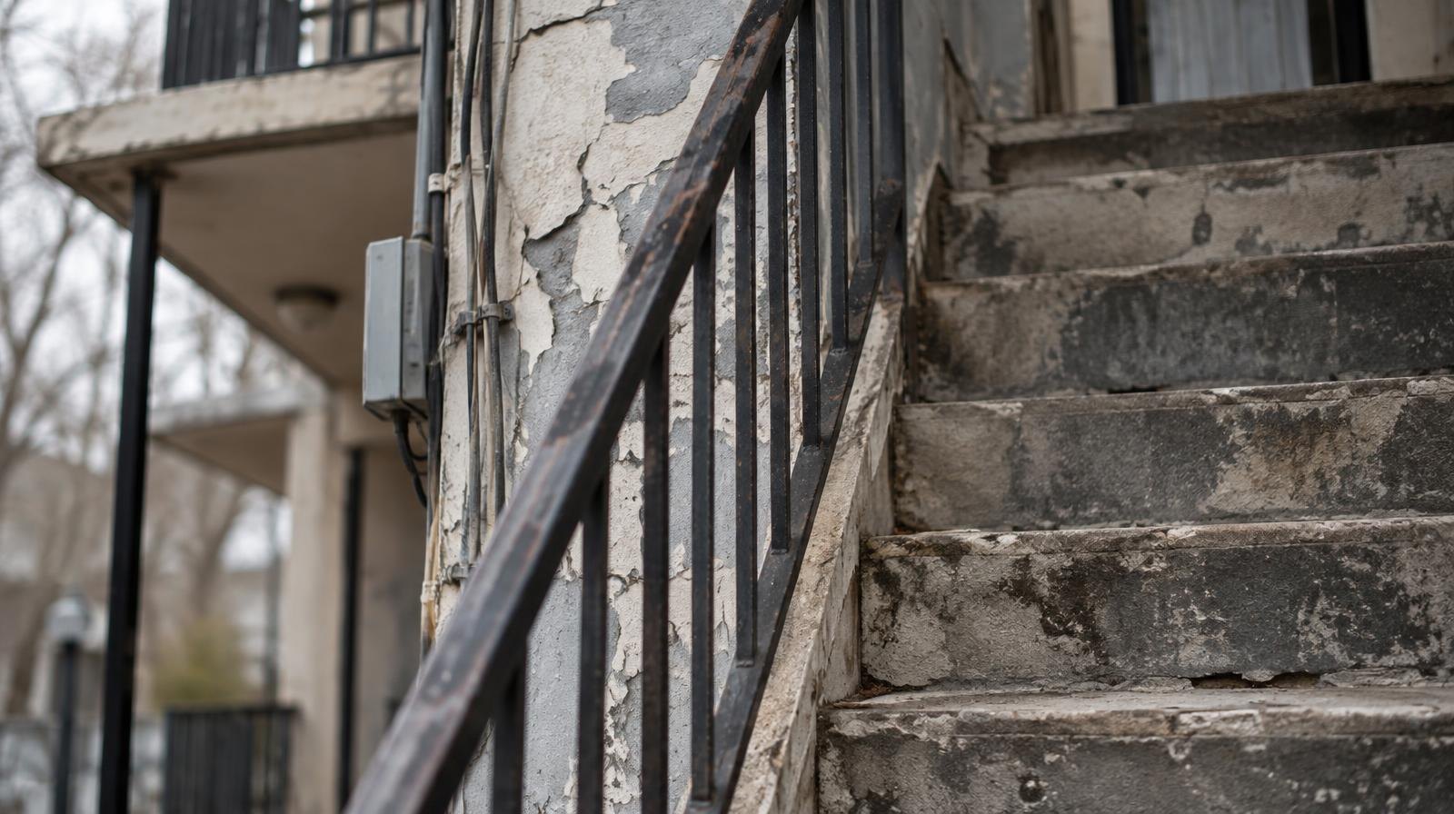 Worn concrete stairwell with peeling paint and exposed wiring on an apartment exterior.