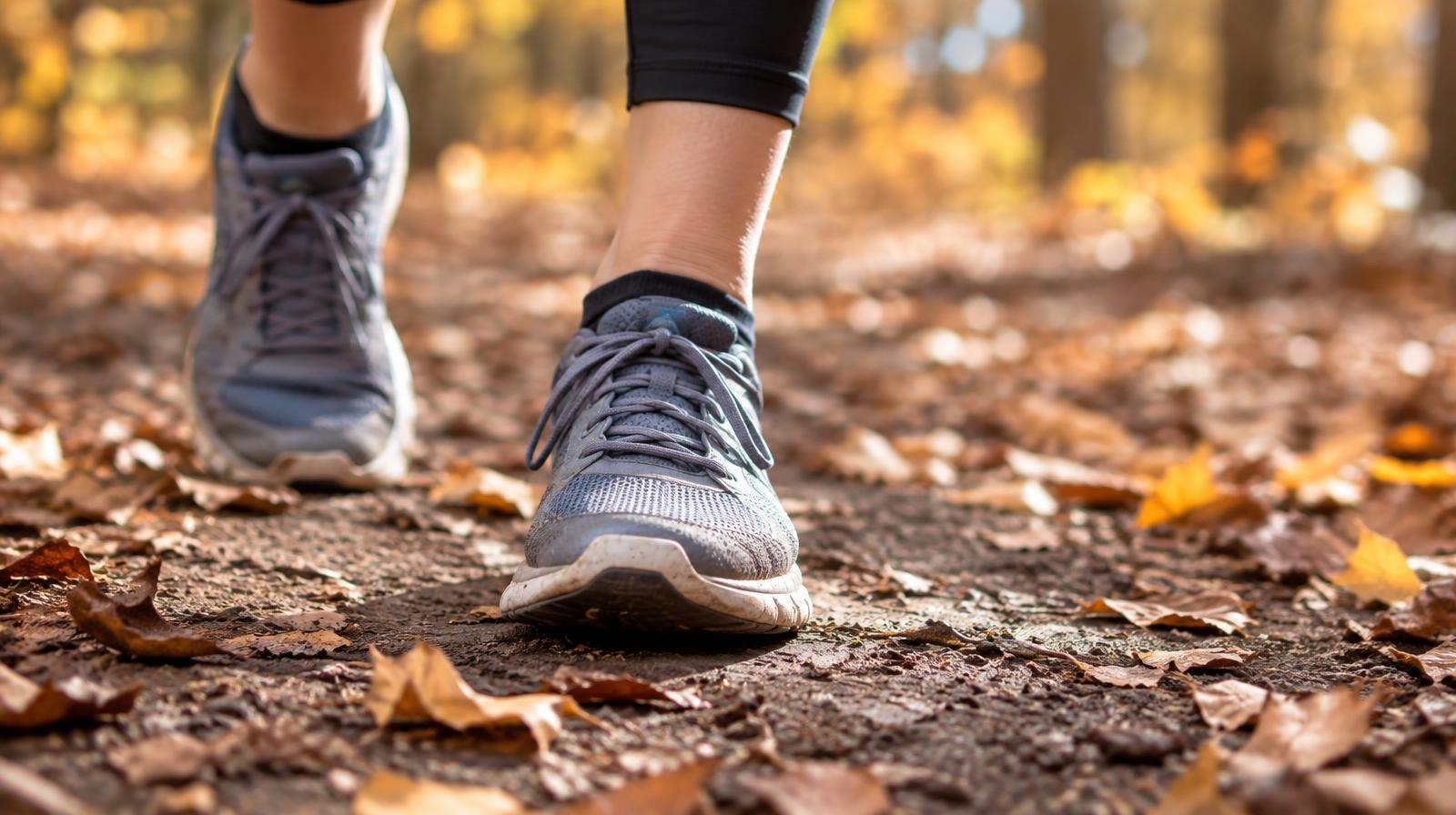 Lightweight running shoes on a dirt trail surrounded by fallen autumn leaves.