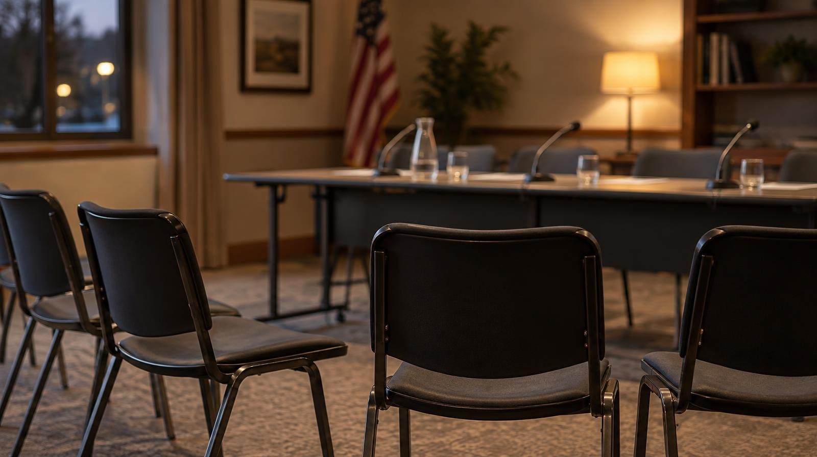 Empty chairs in a semicircle around a panel table with microphones.