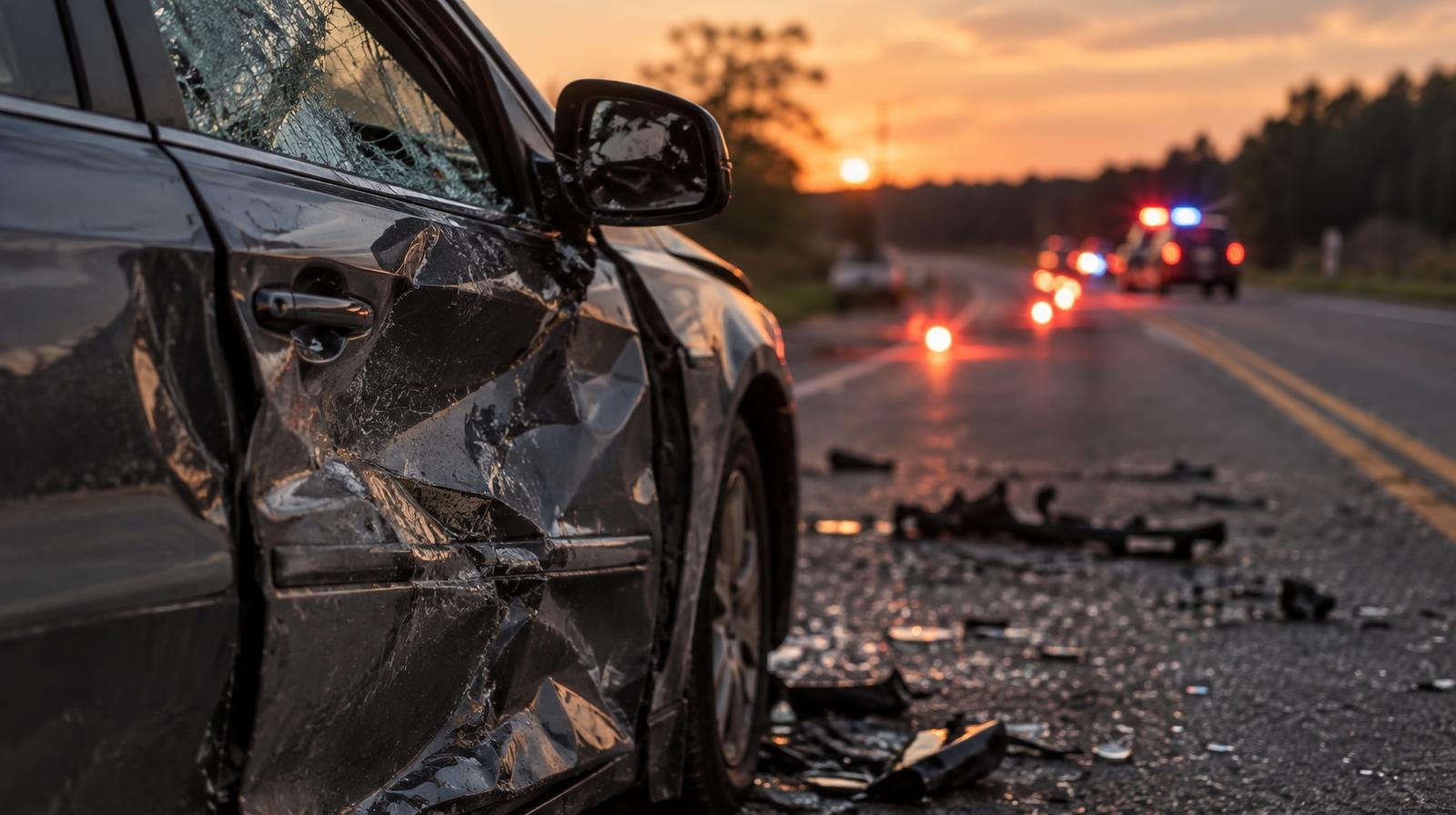 Crumpled car door with shattered glass on a rural road at dusk, emergency flares in background.